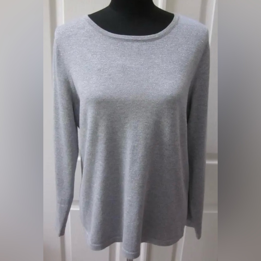 ❄️CHICO'S Silver Sparkle Zip Back Long Sleeve Lightweight Knit Sweater Sz 2, L
